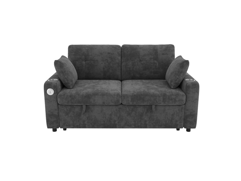  Canapé convertible 2 places avec led, ports usb et type-c, rangements et porte-gobelets en chenille gris  - Conforama A