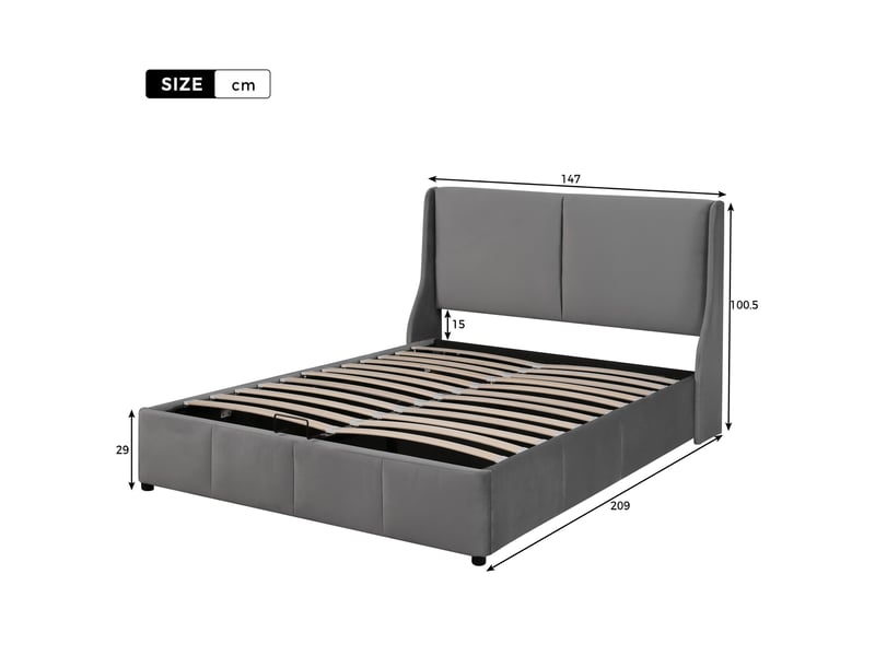  Lit coffre 140x200 cm capitonné gris avec tête de lit et rangement hydraulique  - Conforama C