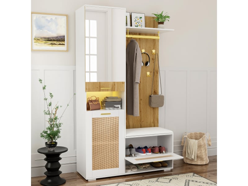  Ensemble dressing avec miroir – 6 crochets dorés, meuble à chaussures, porte-manteau mural, banc, led 16 couleurs  - Conforama D