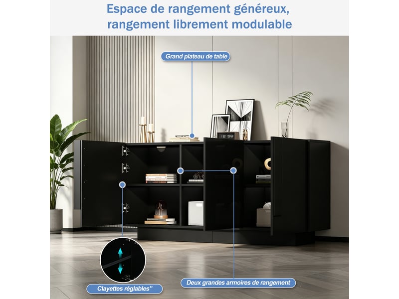  Buffet noir brillant 3 portes, meuble de rangement 160 x 35 x 60 cm avec 6 compartiments et étagères réglables  - Conforama R
