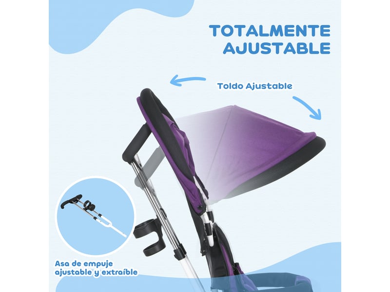  Tricycle évolutif pour enfants de plus de 12 mois avec capote pliable, poignée télescopique et ceinture de sécurité, violet  - Conforama E