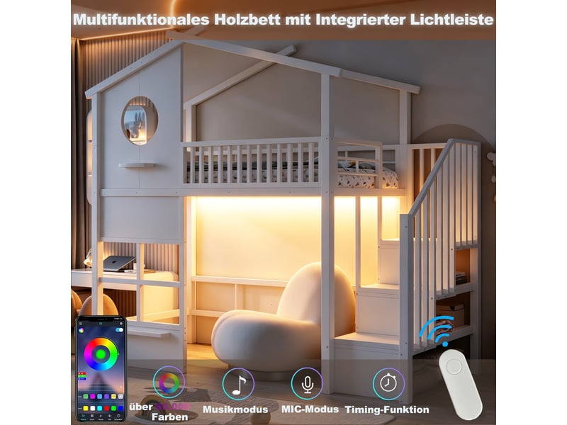  Lit mezzanine enfant 90 × 200 cm 1 place avec escalier de rangement et éclairage led, sans matelas, en métal blanc  - Conforama B