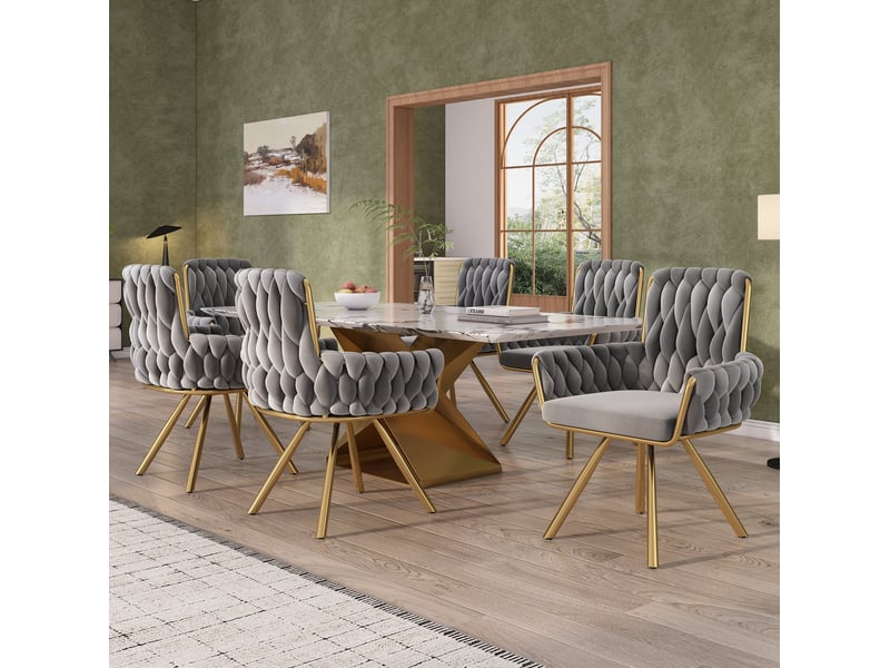  Chaise de salle à manger pivotante à 360° avec accoudoirs et dossier haut, lot de 6 en velours gris  - Conforama B