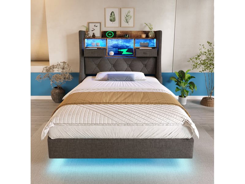 Lit enfant 90x200 cm led multicolore, prises usb type‑c, tête rangement avec poches, revêtement lin gris, sans matelas - Conforama W