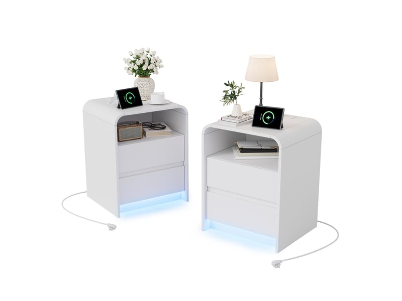  Lot de 2 tables de chevet avec led,usb ports et 2 prises,2 tiroirs,table de nuit blanc style moderne,40 x 45 x 57 cm  - Conforama B