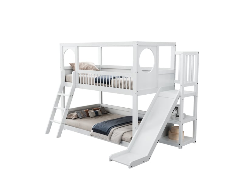  Lit superposé enfant avec toboggan et rangements, couchages 90x200 cm, blanc  - Conforama A