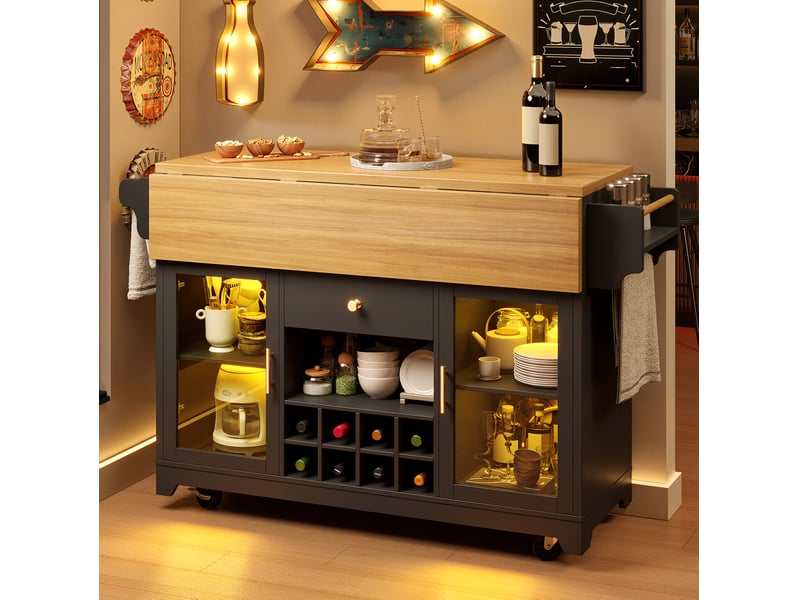 Desserte de cuisine 120x40x95 cm avec plateaux rabattables et led, coloris noir - Conforama E