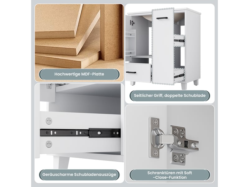 Meuble vasque blanc laqué mdf et céramique 76,5×47×82 cm, 2 tiroirs dont 1 latéral à 2 niveaux, porte avec étagères - Conforama C