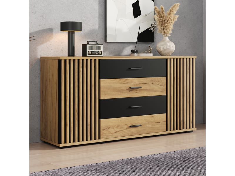 Buffet 140x35x70 cm avec 4 tiroirs et 2 portes, meuble de rangement en mdf, façade rainurée verticale, étagères réglables, effet chêne et noir - Conforama B