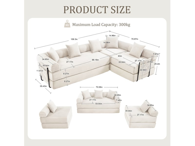  Canapé modulable convertible 4 places en velours côtelé beige, rangement latéral et modules flexibles  - Conforama C