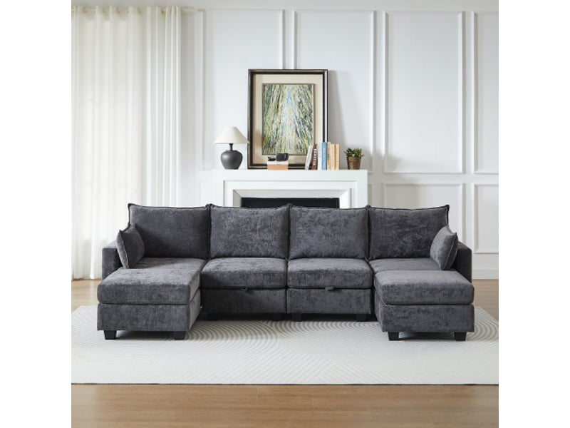 Canapé modulable en chenille 6 places, canapé d’angle u avec méridienne, ottoman de rangement, salon moderne - Conforama B
