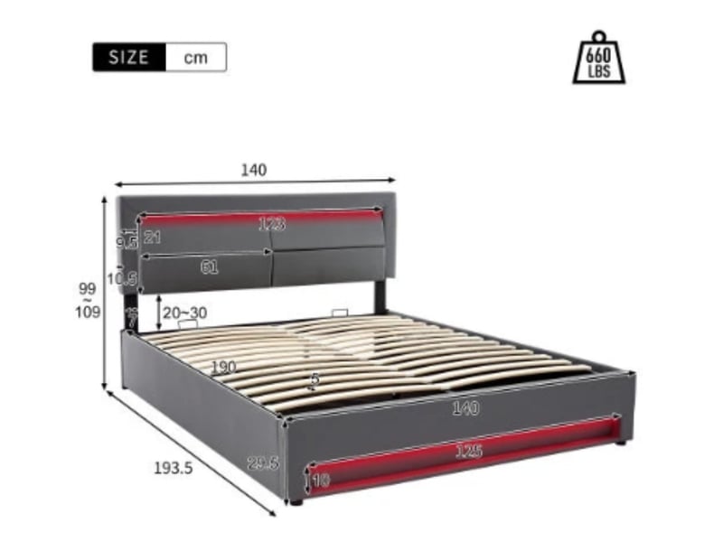  Lit rembourré 140×190, usb, led + rangement, pu lychee, gris, sans matelas  - Conforama C