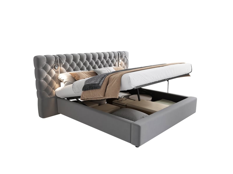  Modenvie lit coffre 180x200 cm - rangement hydraulique, tête de lit en velours, sans matelas - gris  - Conforama A