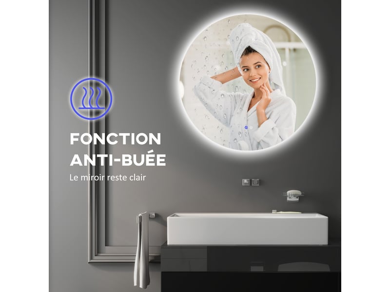  Miroir rond lumineux led de salle de bain ø 60 cm mural avec éclairage interrupteur tactile système antibuée  29 w gris  - Conforama W