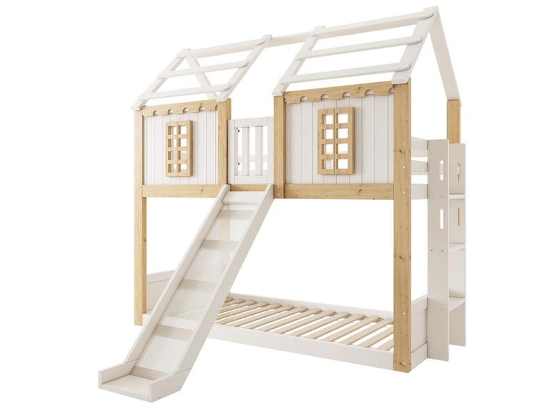 Lit superposé cabane 90x200 cm avec toboggan et échelle réversible Fay Lum - Conforama E