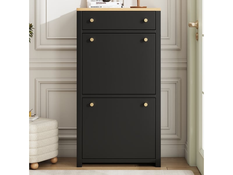  Petit meuble à chaussures 50x25x95 cm, design plat pour couloir étroit, 1 tiroir et 2 portes abattantes, capacité ajustable, idéal petits espaces, mdf noir  - Conforama R