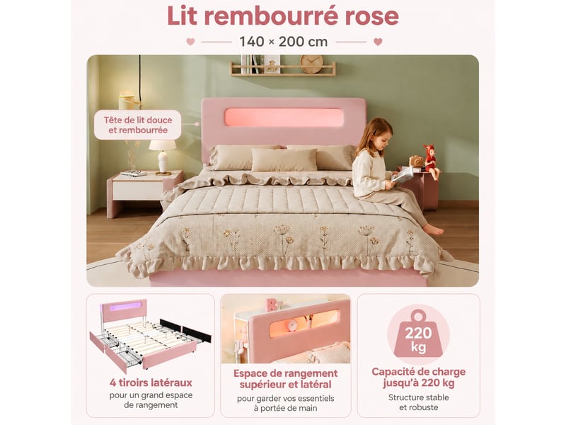  Lit enfant rembourré 140 x 200 cm à tête réglable avec éclairage led, 4 tiroirs de rangement, lit d'appoint pour chambre, rose  - Conforama D