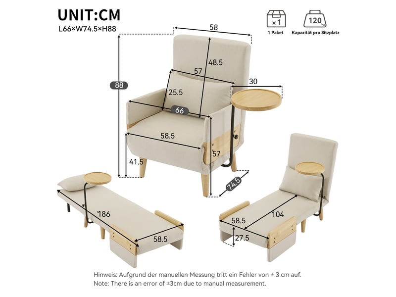  Fauteuil convertible 3-en-1 beige en tissu, tablette en bois orientable et dossier réglable sur 6 positions  - Conforama C