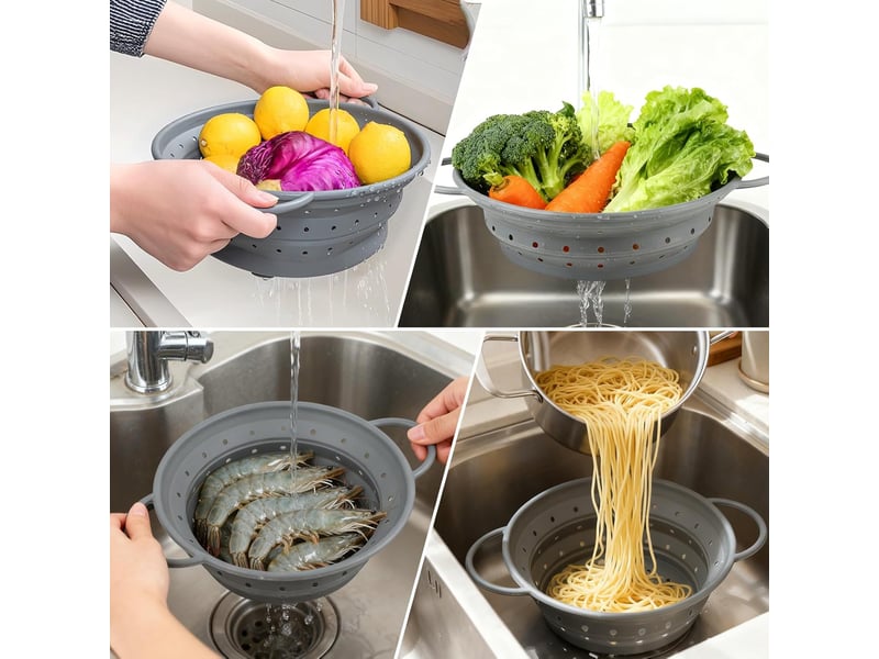 Passoire pliable 28x22.5cm - passoire de cuisine en silicone rétrécissable, résistante à la chaleur et lavable au lave-vaisselle pour pâte BA-0000686-XSJ - Conforama C