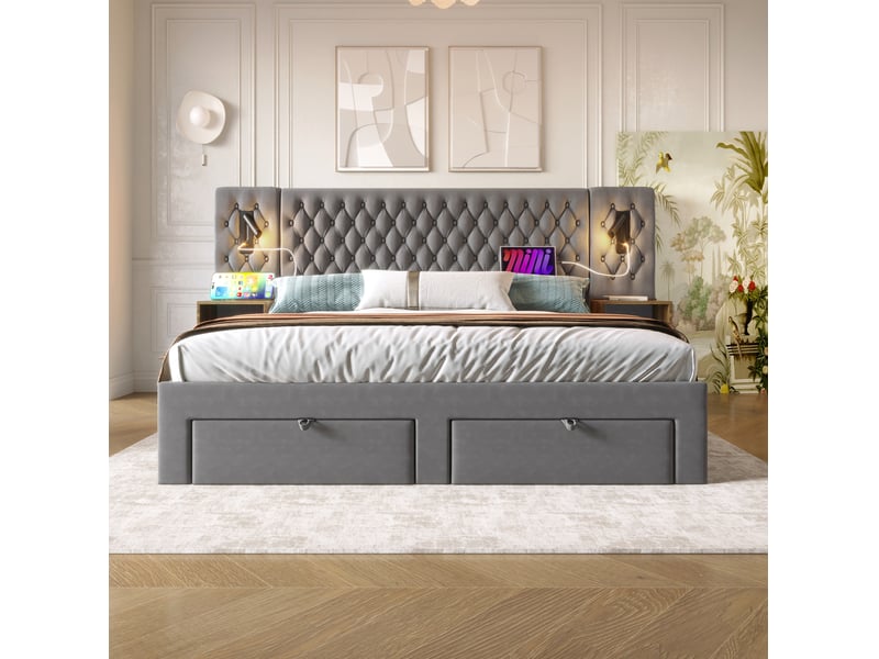  Lit rembourré 160 × 200 cm 2 places avec 2 tables de chevet, 4 tiroirs, usb et type-c, matelas inclus, gris velours  - Conforama C