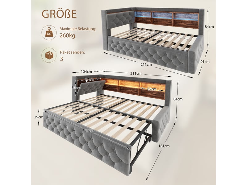  Lit banquette 90x190 cm, led, usb-c, canapé-lit extensible, accoudoir coffre, tête de lit étagère, sommier, velours, gris foncé Seren Glow - Conforama C