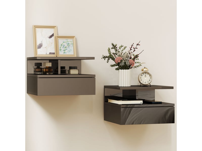  2 tables de chevet suspendues avec 1 tiroir et une étagère ouverte, design moderne, 35 x 32 x 22,5 cm, noir brillant  - Conforama A