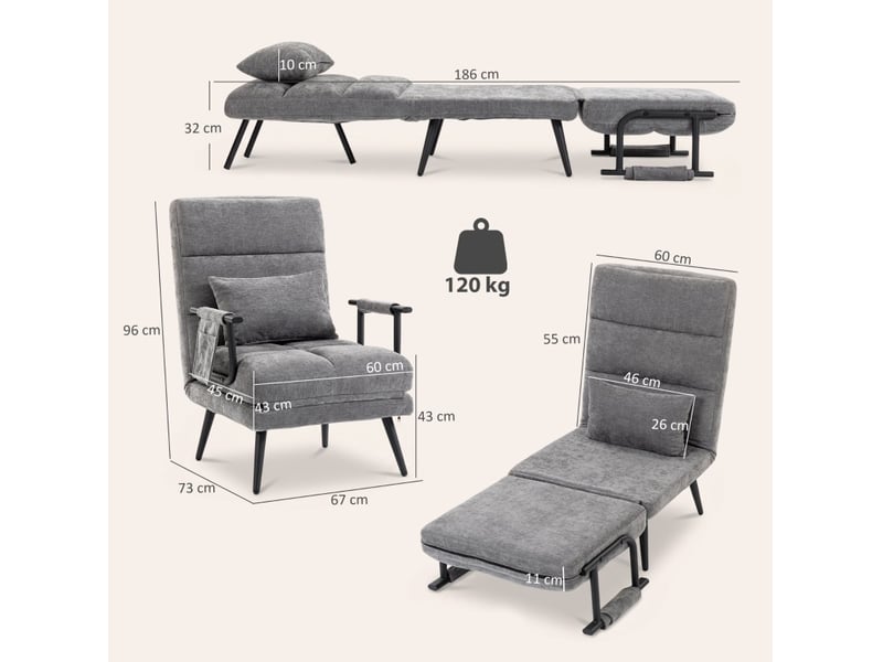 Fauteuil-lit 3 en 1 pliable gris avec dossier réglable sur 5 positions - Conforama C