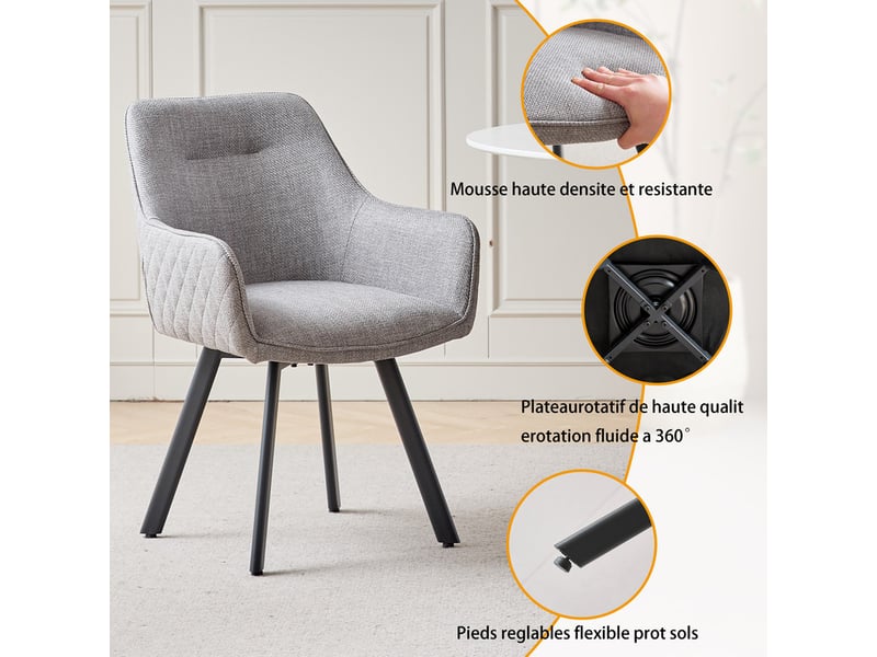 Lot de 6 chaises pivotante à 360°, chaise salle à manger moderne, chaises à haut dossier en motif en losanges, cuisine en lin, gris clair - Conforama D