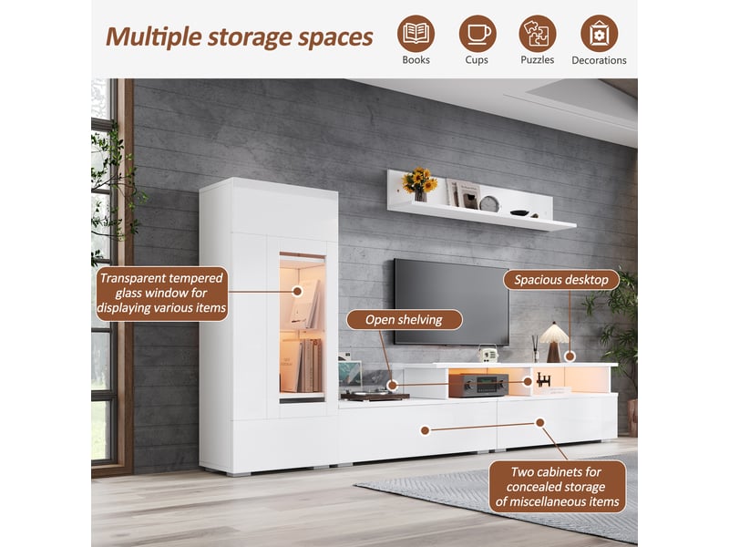  Ensemble meuble tv blanc avec vitrine et étagère, éclairage led, meuble tv pour écran jusqu'à 75 pouces  - Conforama R