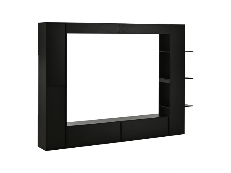 Ensemble meuble tv mural noir brillant avec vitrine, étagères et grands espaces de rangement - Conforama A