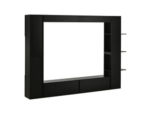 Ensemble meuble tv mural noir brillant avec vitrine, étagères et grands espaces de rangement