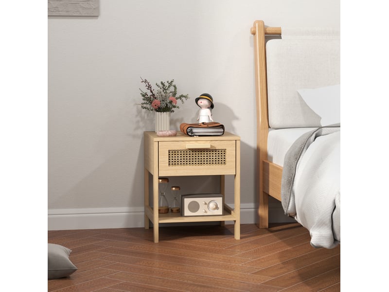  Table de chevet en bois naturel avec tiroir et niche ouverte design rotin 40 x 40 x 48,4 cm  - Conforama D