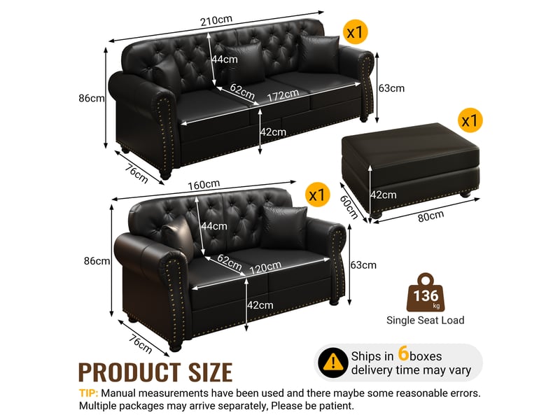  Salon chesterfield 5 places avec pouf en simili cuir noir, 210 cm Fay Lum - Conforama C