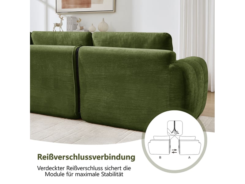  Canapé modulaire 2 places sans cadre avec 2 poufs, assise large et profonde, design matelassé en chenille vert  - Conforama E