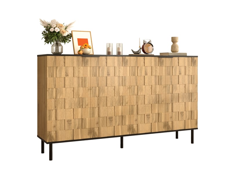  Buffet 160x35x80,5 cm, meuble de cuisine et salon, 4 portes, design mosaïque, panneau de particules naturel, rangement  - Conforama A