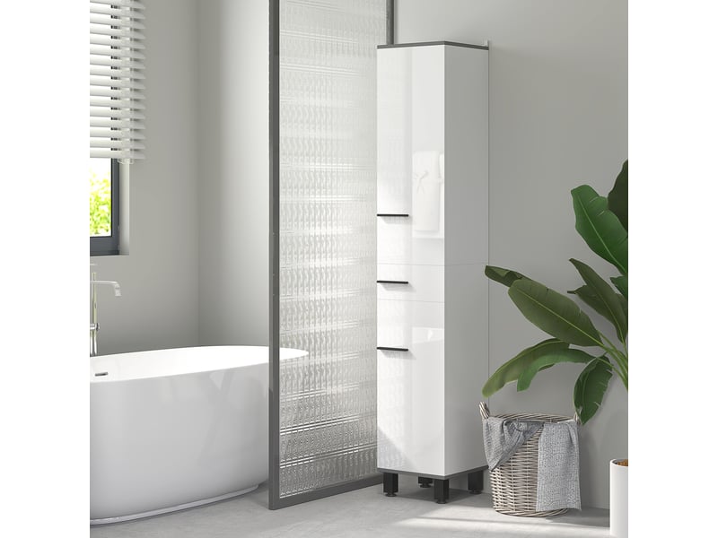 Meuble de salle de bains avec deux placards, étagères réglables et tiroir, 34 x 32 x 190 cm, blanc  - Conforama C