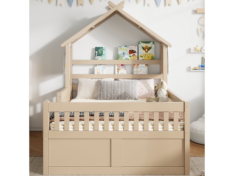  Lit plateforme enfant 140x200 cm avec lit gigogne et 3 tiroirs, lit avec barrières de sécurité, solution gain de place en bois, blanc OPULERANE TRADING LTD - Conforama D