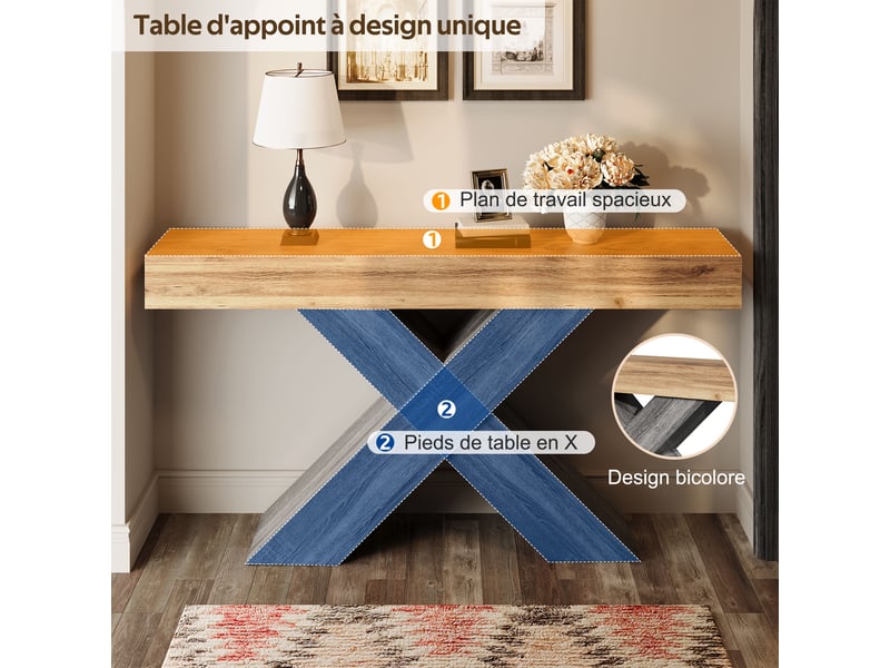  Console étroite à pieds en x, aspect bois, en panneaux de particules, idéale pour l'entrée ou le salon.  - Conforama D