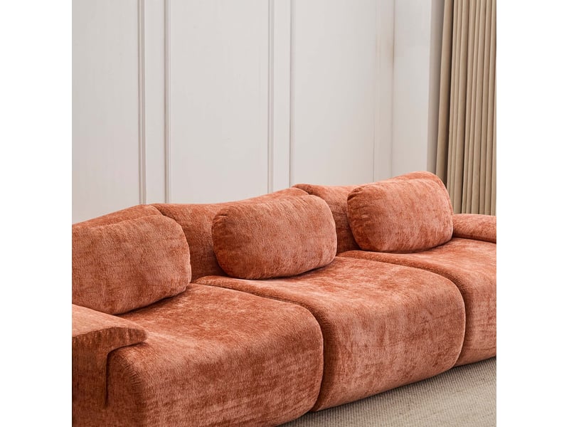 Canapé droit 3 places 288x101x69 cm orange en chenille, design ondulé, assise en mousse et larges accoudoirs - Conforama E