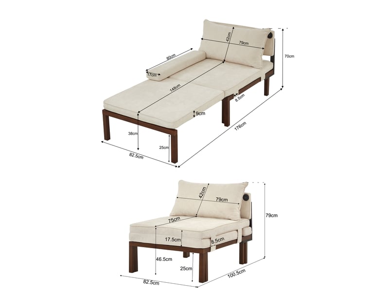  Fauteuil-lit pliant avec port usb type-c en velours beige  - Conforama E