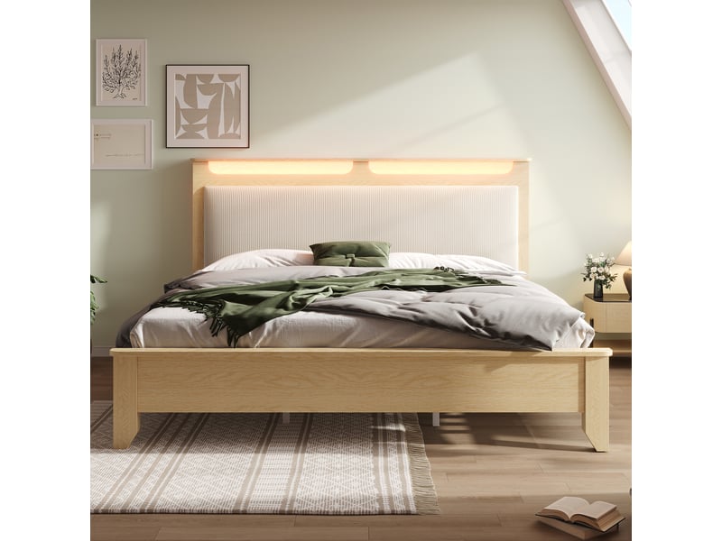 Lit double 160 × 200 cm, tête de lit led avec rangements, chêne clair IKSETERA TRADING LTD - Conforama D