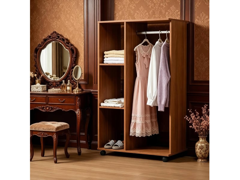  Armoire mobile avec penderie, 3 niches, 4 roulettes verrouillables en panneaux de particules noyer 80 × 40 × 128 cm  - Conforama E