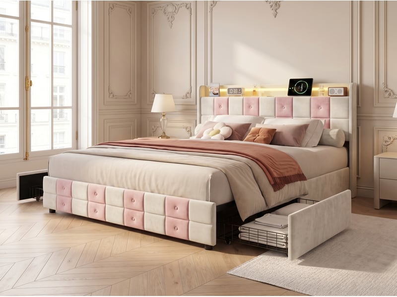  Lit 2 places 140 x 190 cm - avec tiroirs de rangement - éclairage led intégré - port usb - velours  - Conforama D