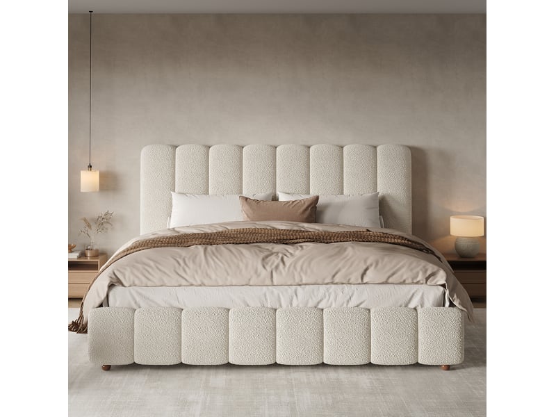  Lit double 180 × 200 cm avec sommier à lattes et tête de lit capitonnée, pieds en bois, blanc bouclé, chambre à coucher  - Conforama E