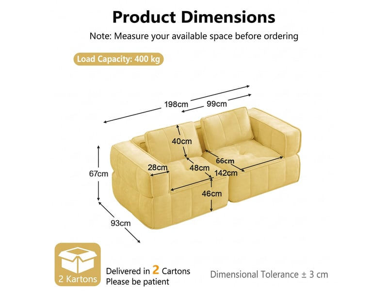 Canapé 2 places, revêtement en tissu, sans assemblage, jaune - Conforama D