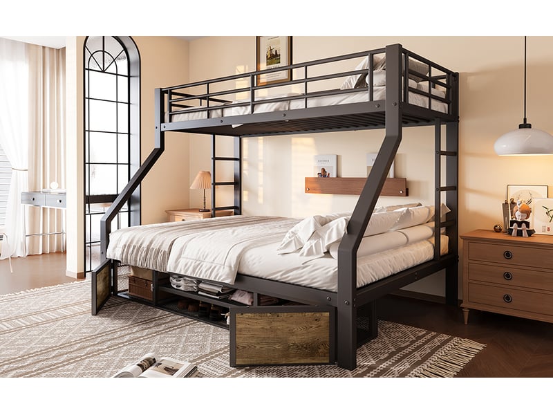  Lit superposé noir 90x200 et 140x200 cm, avec rangements, garde-corps et échelle sécurisée - sans matelas  - Conforama B