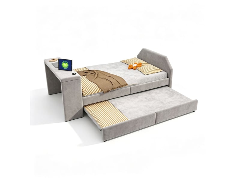  Lit gigogne enfant 90 x 200 cm bureau intégré lit d’appoint coulissant cadre de lit rembourré en velours prise de recharge usb gris  - Conforama A