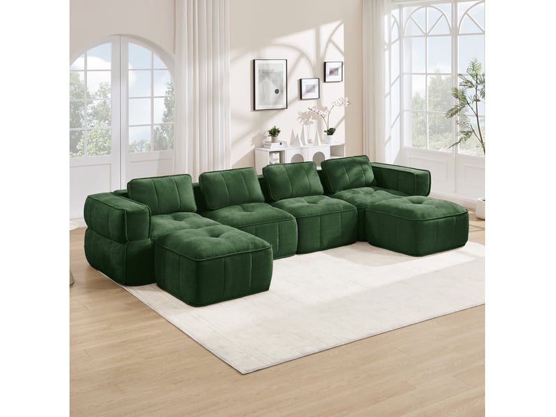  Canapé modulaire en u 4 places avec 2 repose-pieds mousse 32d base antidérapante sans montage en polyester vert  - Conforama B