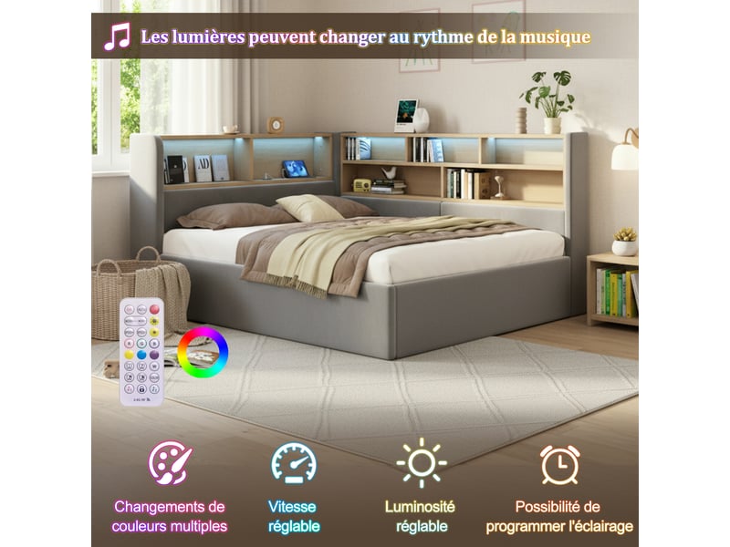  Lit banquette coffre 140x200 cm avec rangement hydraulique, led, usb et usb-c, tête de lit avec étagères, sommier à lattes, velours, gris  - Conforama E