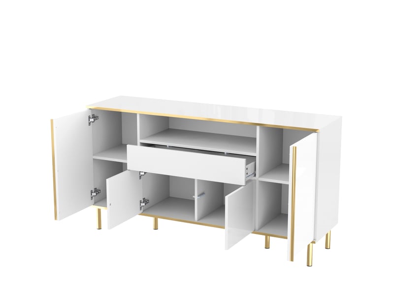  Buffet bas 150 x 40 x 80 cm blanc brillant en mdf et panneau de particules, 4 portes, 1 tiroir, led intégrée  - Conforama E